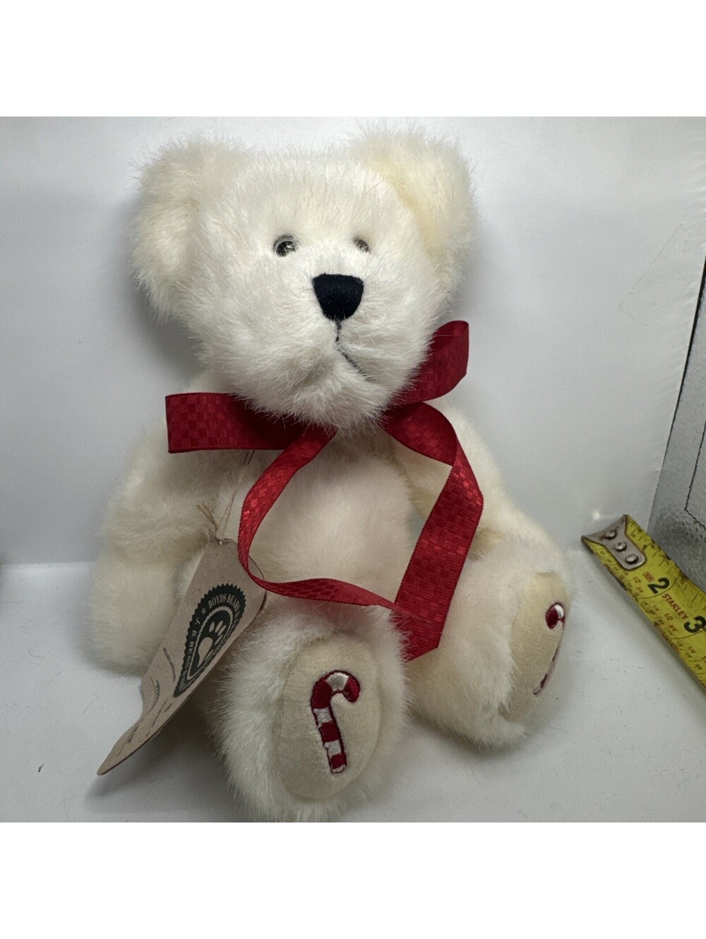Boyds Bears Peppermint P Bear White Jointed Plush W/ Red Ribbon 10โ Vintage